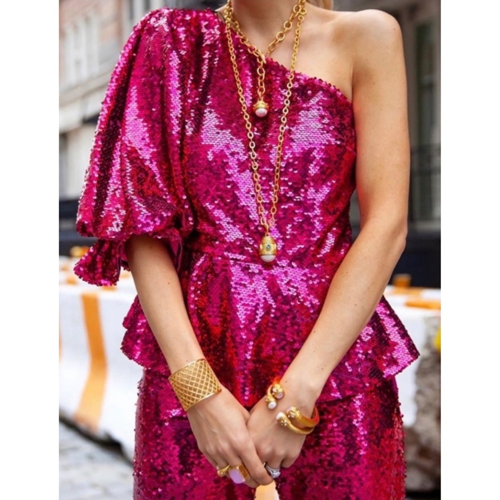 Zara Asymmetric Sequin One Shoulder Top Pink